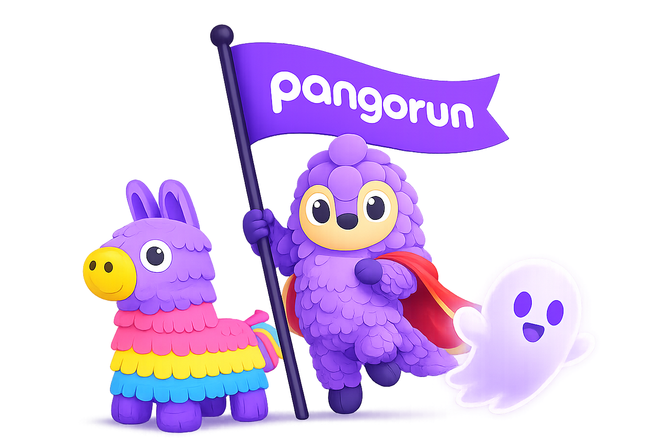 Pango the purple pangolin holding a PangoRun flag, beside a piñata and a ghost-mode rival