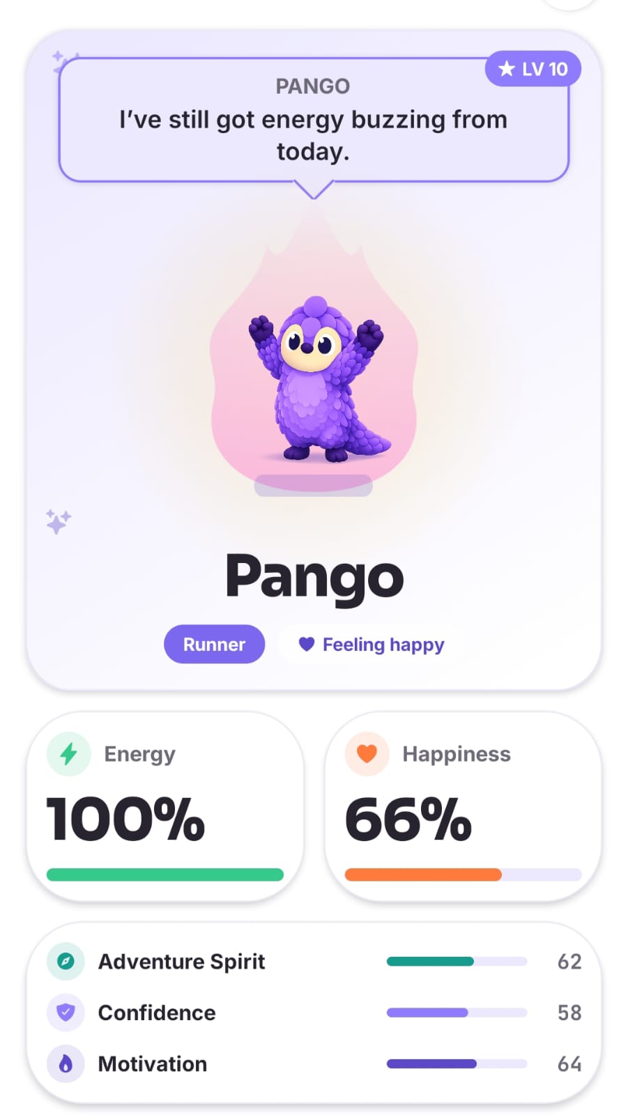 Pango companion screens: the character home with energy and happiness, and the trait radar showing how each run shapes it